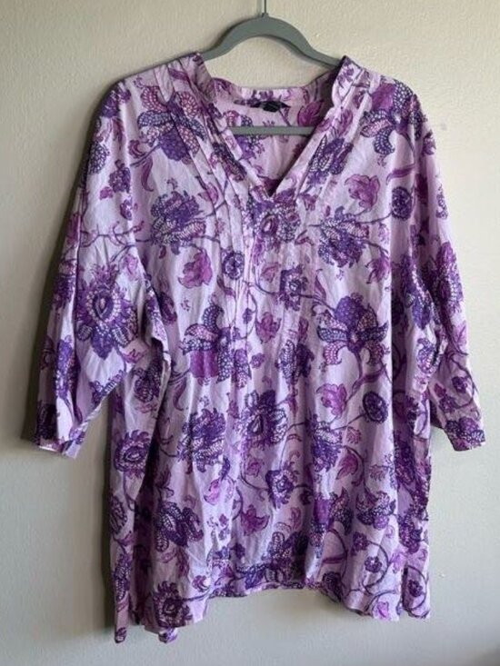 Lands' End Tops - Lands End Top Womens 2X Popover Purple Floral Lightweight Cotton Pintuck Pleat
